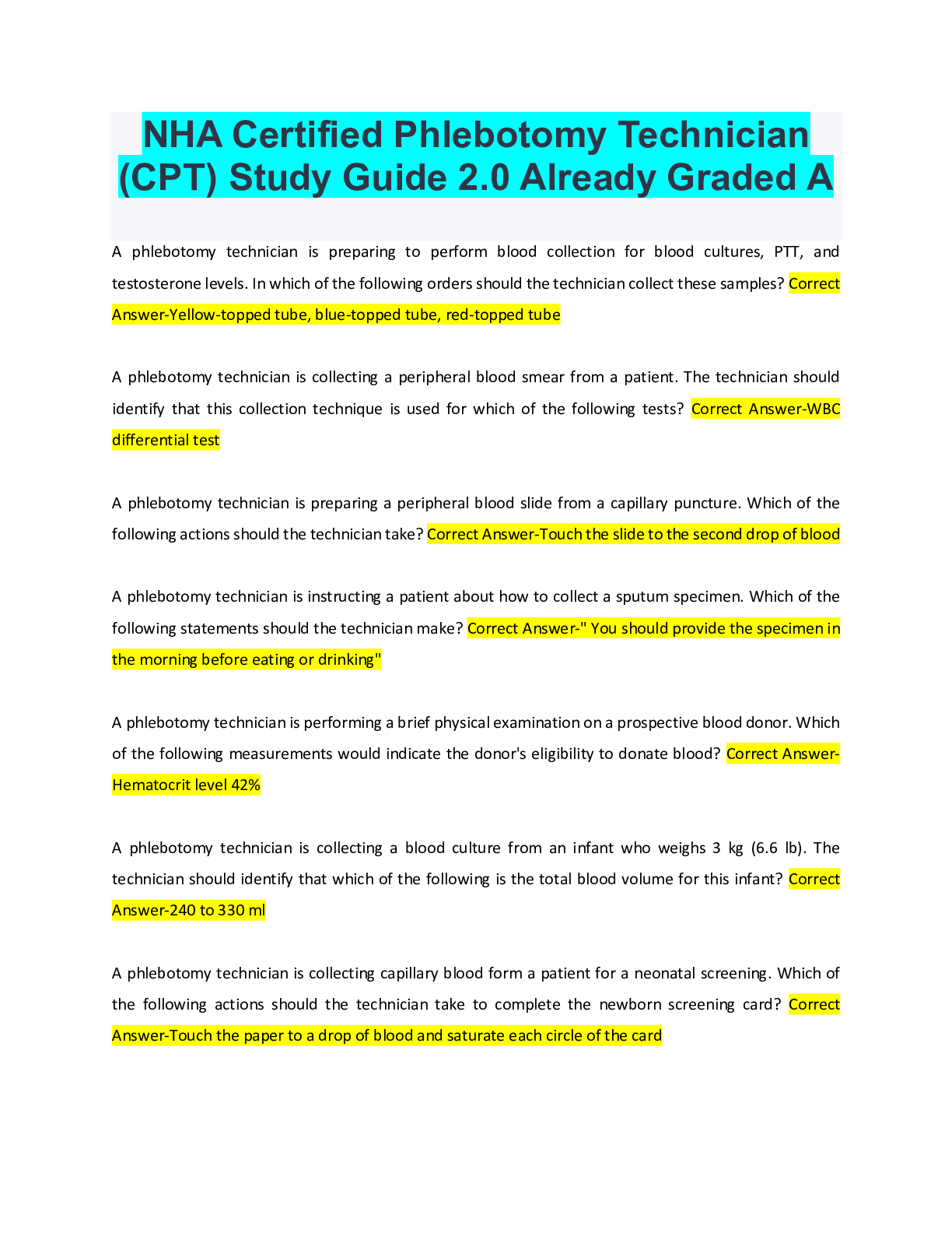 Preview of NHA Certified Phlebotomy Technician (CPT) Study Guide 2.0 Already Graded A